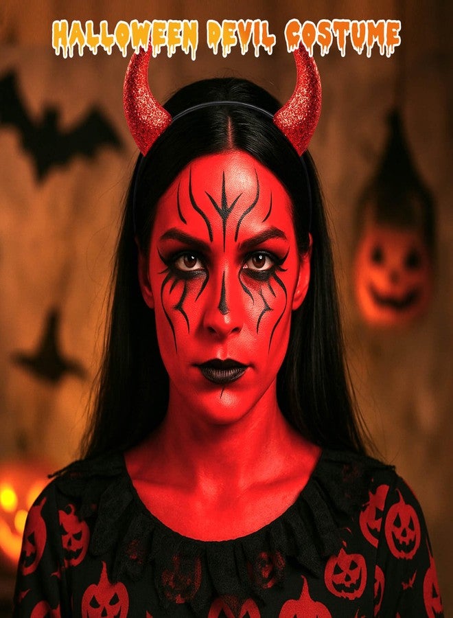 paminify طوق رأس باميني في شكل قرون الشيطان مع مجموعة مكياج هالوين للأطفال، 1.01 أونصة من طلاء الجسم الأحمر المائي + أحمر شفاه أسود + إسفنجة + طوق شعر شيطاني أحمر، قلم طلاء وجه كريمي لزي الشيطان - Image 3