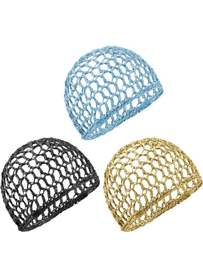 Framendino , 3 Pack Mesh Crochet Hair Net Rayon Knit Snoods Hat Thick Hairnet Snood Cover Ornament for Night Sleeping Accessories (Blue & Black Khaki)  - Image 1