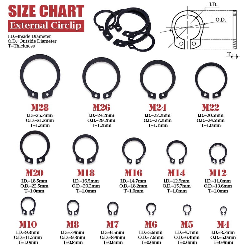 Generic Hilitchi 150-Pcs Alloy Steel External Circlip Snap Retaining Clip Ring Assortment Kit - Size: 4mm to 28mm  - Image 2