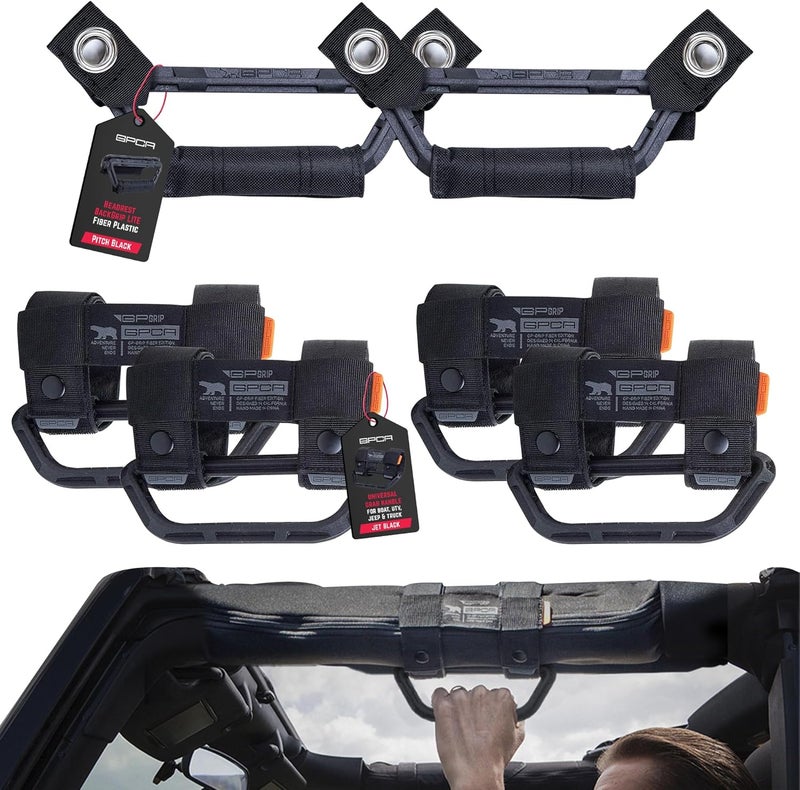 GPCA Universal Grab Handle for Jeep Wrangler(1997-2023), UTVs, ATV, Boats and More, Foldable Roll Bar Grab Handle & Headrest Hand Grip Combo Pack (4+2pack, Black) - Image 1