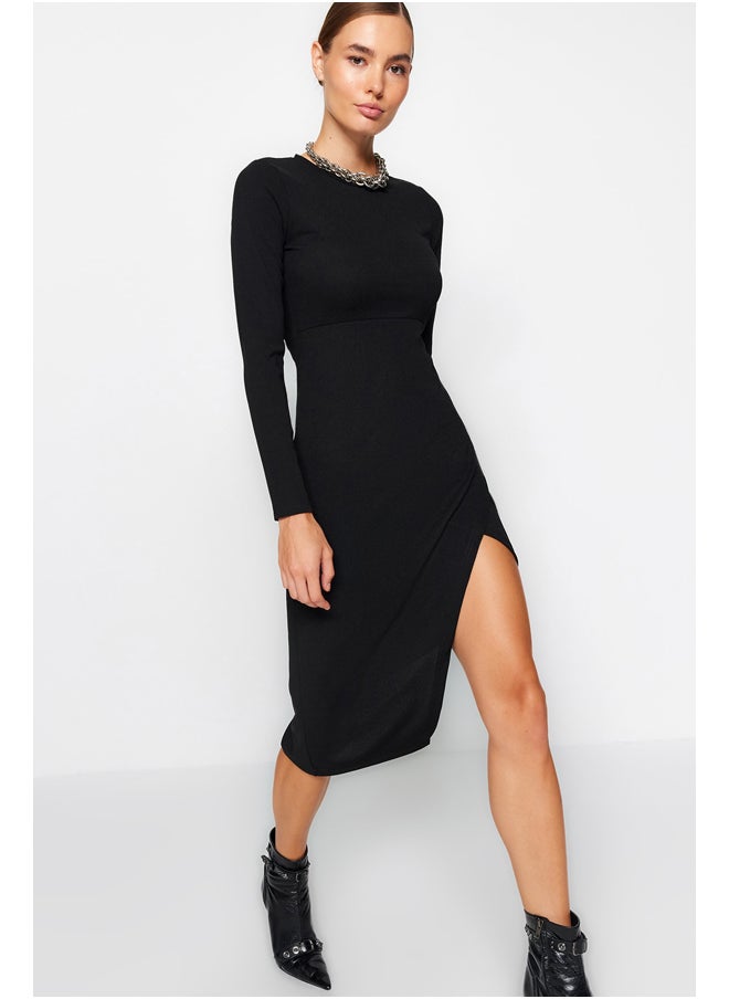 trendyol - Black Crew Neck Slit Detailed Fitted Midi Knitted Dress TWOAW24EL00168. - Image 1