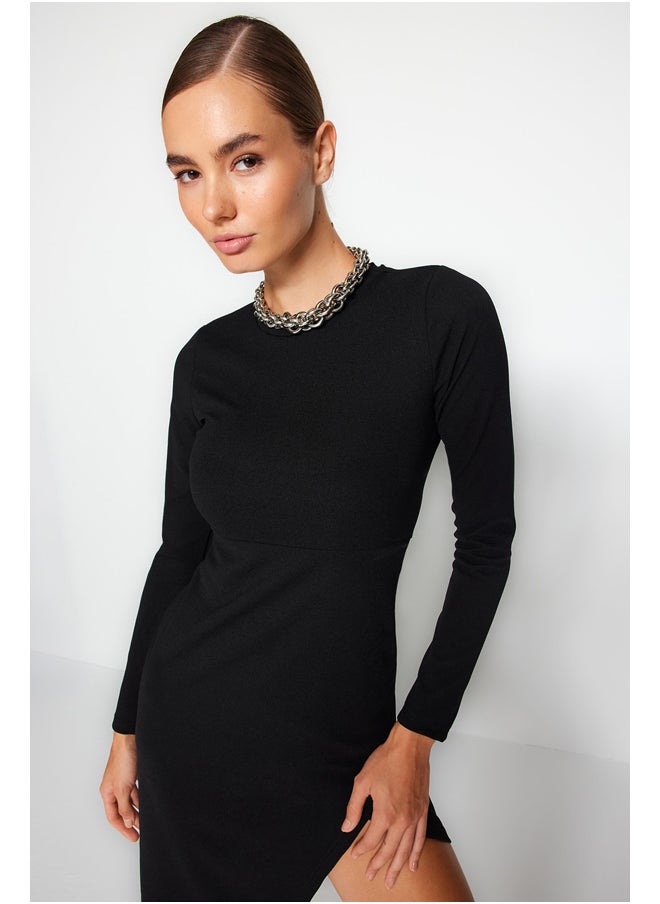 trendyol - Black Crew Neck Slit Detailed Fitted Midi Knitted Dress TWOAW24EL00168. - Image 1