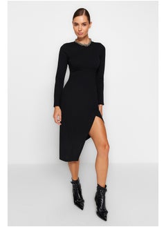 Black Crew Neck Slit Detailed Fitted Midi Knitted Dress TWOAW24EL00168.