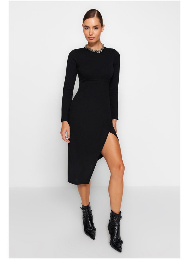 trendyol - Black Crew Neck Slit Detailed Fitted Midi Knitted Dress TWOAW24EL00168. - Image 1
