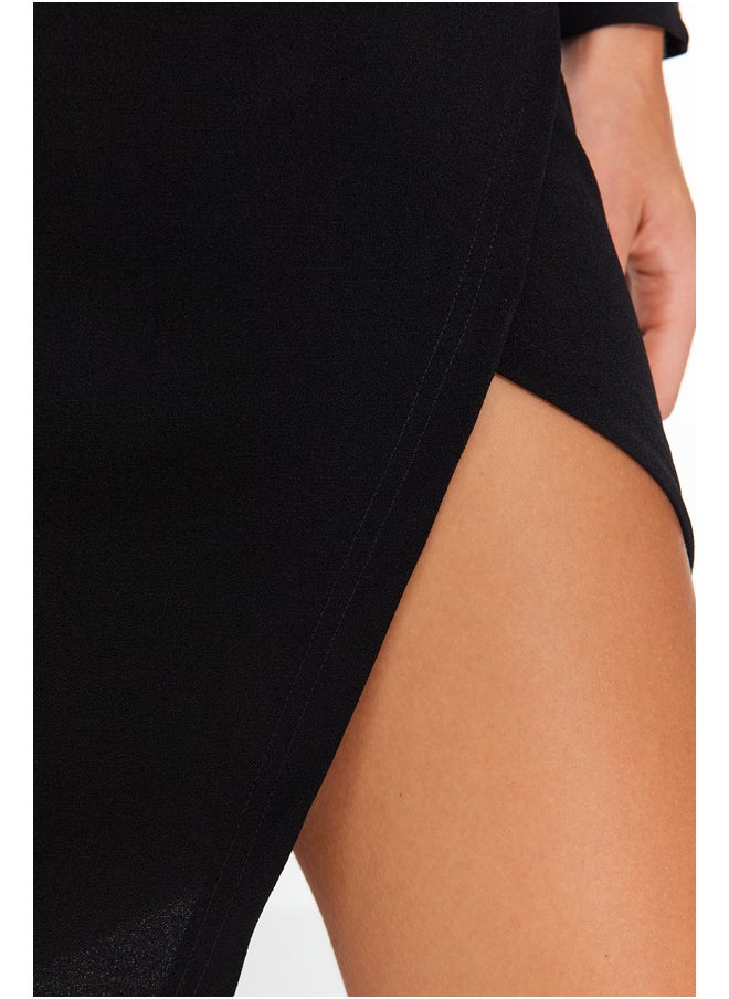 trendyol - Black Crew Neck Slit Detailed Fitted Midi Knitted Dress TWOAW24EL00168. - Image 1