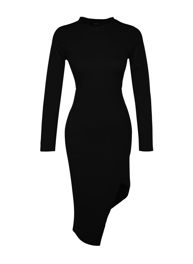 trendyol - Black Crew Neck Slit Detailed Fitted Midi Knitted Dress TWOAW24EL00168. - Image 1