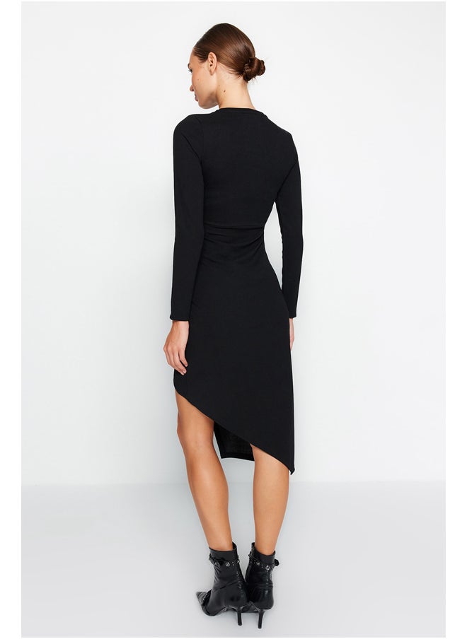 trendyol - Black Crew Neck Slit Detailed Fitted Midi Knitted Dress TWOAW24EL00168. - Image 1