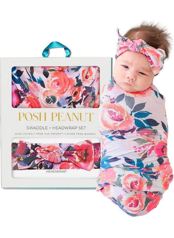 Posh Peanut Swaddle Blanket & Headband Set - Viscose from Bamboo Stretchy Baby Swaddle for Newborn Girls, Receiving Blanket or Nursing Cover - Image 1