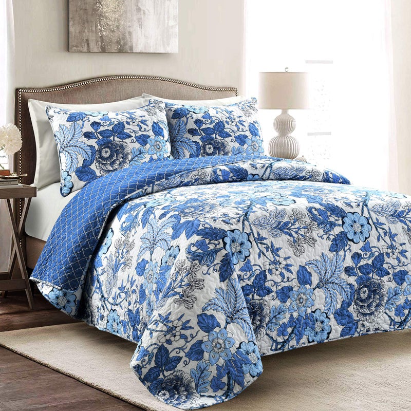Lush Decor Sydney Reversible Cotton Quilt Set  Charming  Colorful Floral Leaf Design  3 Piece Quilted Botanical Bedding Set With Shams  Full Queen Navy  White