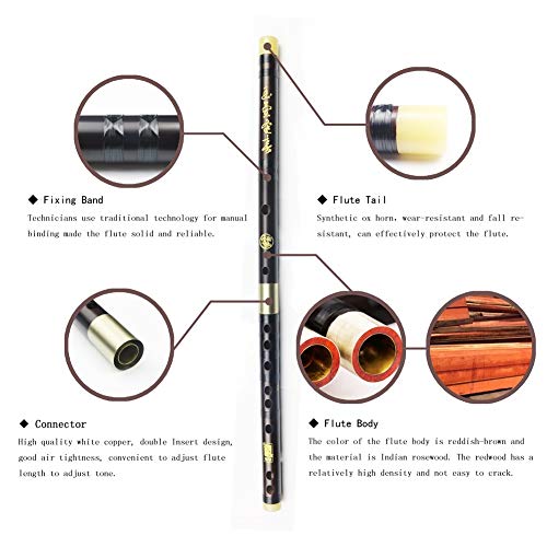 PHYSKOW C Key Dizi Professional Rosewood Flute with Free Membrane & Glue & Protector Set Traditional Chinese Instrument (Key of C/Professional Rosewood) - Image 2