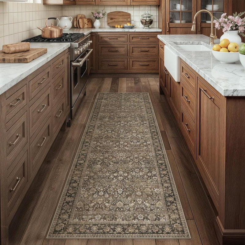 HUGEAR 2x8 Runner Rug Machine Washable Brown Hallway Area Rug Indoor Accent Rugs Floral Low Pile Carpet Soft Throw Rugs Bedroom Living Room Office Dining Kitchen Laundry Non Slip - Image 3