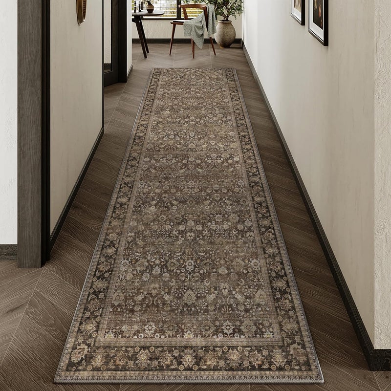 HUGEAR 2x8 Runner Rug Machine Washable Brown Hallway Area Rug Indoor Accent Rugs Floral Low Pile Carpet Soft Throw Rugs Bedroom Living Room Office Dining Kitchen Laundry Non Slip - Image 1