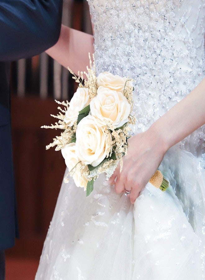 IVAYNE Wedding Romantic Bouquet Bridesmaid Artificial Flowers Handmade Vintage Bouquet (8in, Off-White) - Image 5