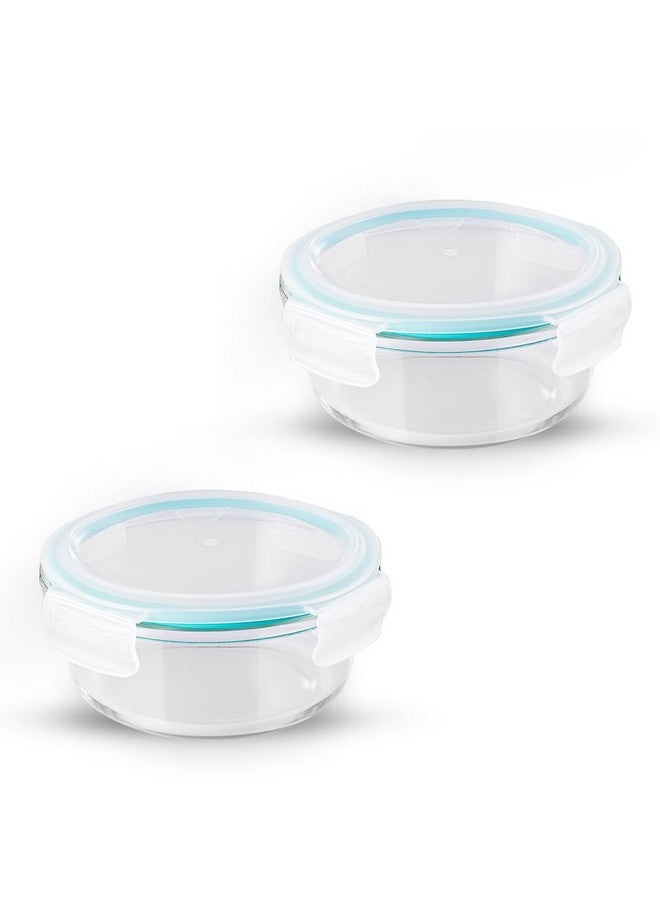 ATTRO Glassox Classic Round Lunch Box with Locking Lid Borosilicate Glass Lunch Box Food Storage Fridge Organiser Microwave & Freezer Safe Set of 2 390Ml,Transparent - Image 1