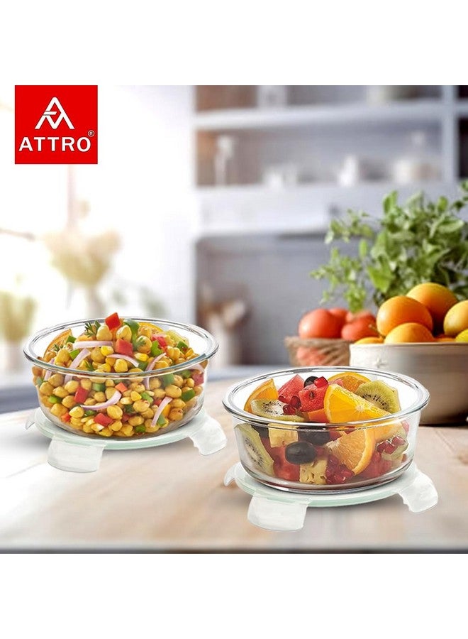 ATTRO Glassox Classic Round Lunch Box with Locking Lid Borosilicate Glass Lunch Box Food Storage Fridge Organiser Microwave & Freezer Safe Set of 2 390Ml,Transparent - Image 2