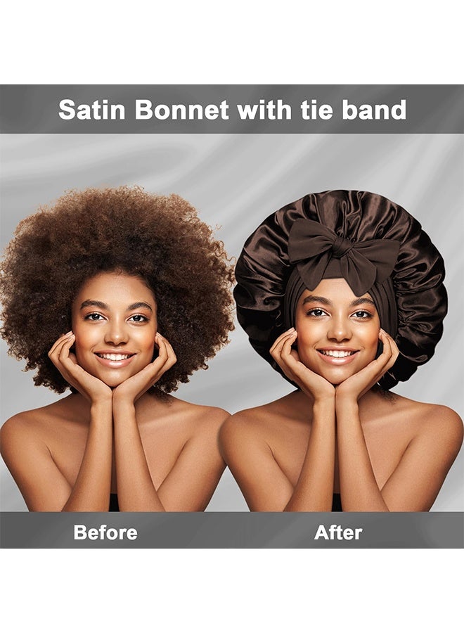 BOFAN Bonnet with Tie Band, Satin Hair Silk Bonnet for Sleeping Women, Sleep Bonnets for Women, Double Layer Sleep Cap for Curly Hair Braids（Brown） - Image 2