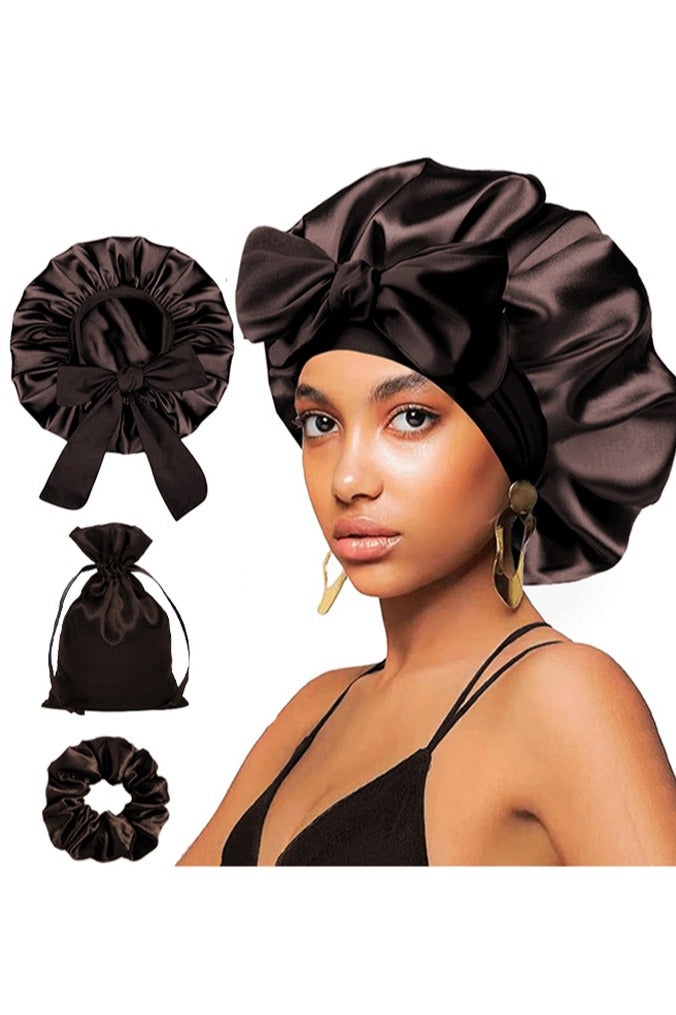 BOFAN Bonnet with Tie Band, Satin Hair Silk Bonnet for Sleeping Women, Sleep Bonnets for Women, Double Layer Sleep Cap for Curly Hair Braids（Brown） - Image 1