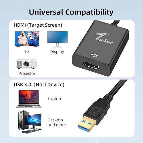 Techie USB to HDMI Converter Full HD 1080p 60Hz, USB 3.0 to HDMI 1.4 Converter, Compact Plug-and-Play Interface for Dual Display (Black) - Image 3