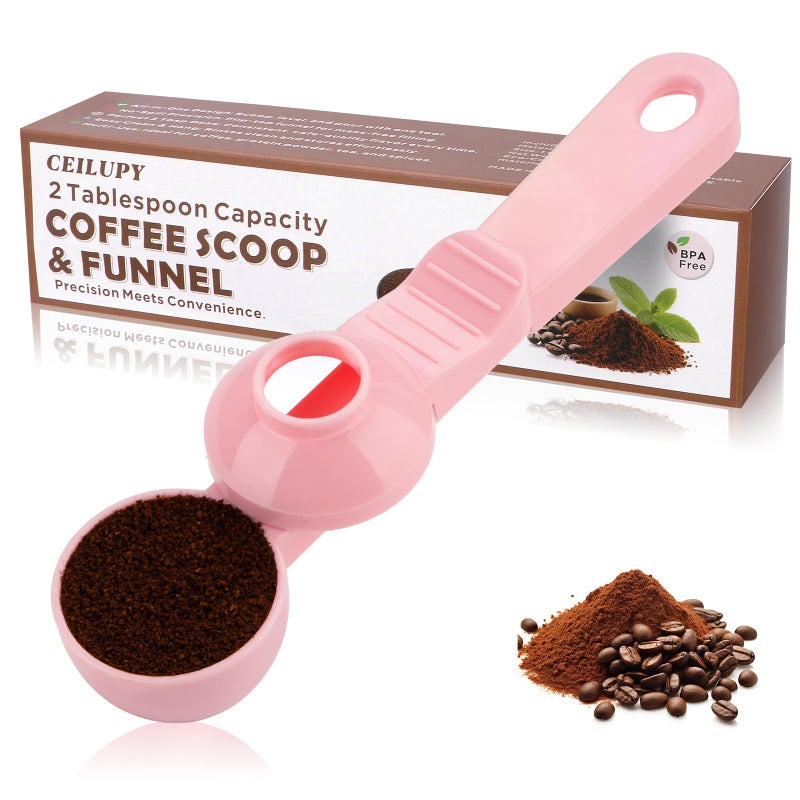 CEILUPY 2-in-1 Coffee Scoop with Funnel, 2 Teaspoon Measuring Spoon for Reusable K Cups, Ground Coffee, Protein Powder & Tea, Mess-Free Plastic Design (Pink) - Image 1
