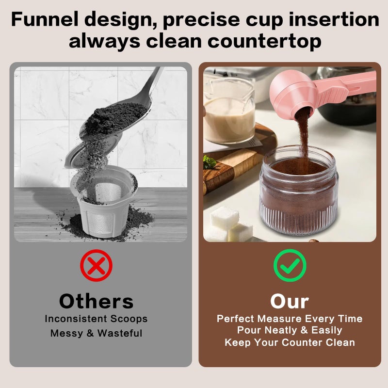 CEILUPY 2-in-1 Coffee Scoop with Funnel, 2 Teaspoon Measuring Spoon for Reusable K Cups, Ground Coffee, Protein Powder & Tea, Mess-Free Plastic Design (Pink) - Image 4