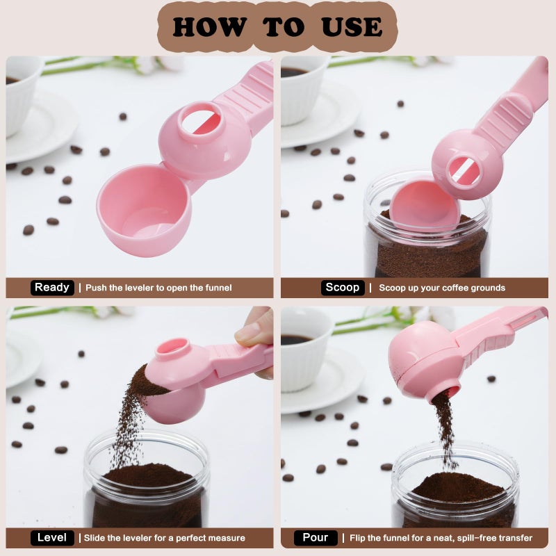 CEILUPY 2-in-1 Coffee Scoop with Funnel, 2 Teaspoon Measuring Spoon for Reusable K Cups, Ground Coffee, Protein Powder & Tea, Mess-Free Plastic Design (Pink) - Image 5