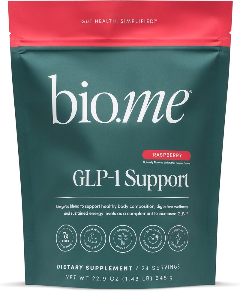 Bio Me GLP1 Support  MultiBenefit GLP1 Powder for Weight Management  Digestive Health  Sustain Energy Levels  7g Fiber 14g Collagen Protein  Digestive Enzymes  24 Servings Raspberry - Image 1