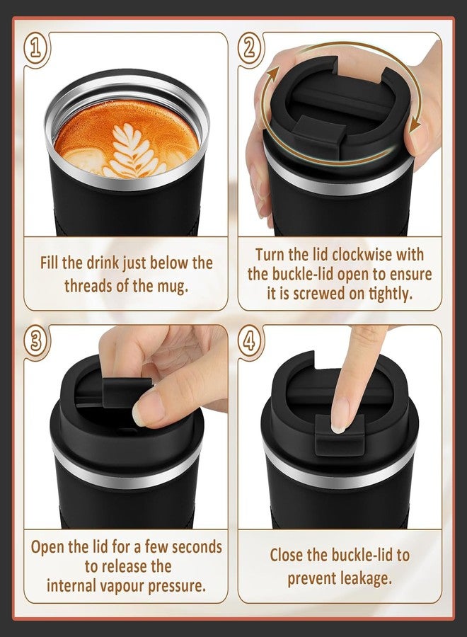 Lyrovo Insulated Travel Coffee Mug Spill Proof Leak Proof Pobtable to Go Camping Stainless Steel Coffee Tumbler Reusable Coffee Cups with Lids Thermos for Hot and Cold Drink (2nd-Black, 380ml) - Image 3