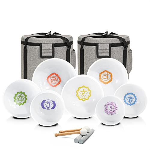 CVNC 432HZ 7-12 Inch Chakra Symbol Design Frosted Quartz Crystal Singing Bowl with 2 PCS Travel Carry Case Bag for Sound Healing - Image 1