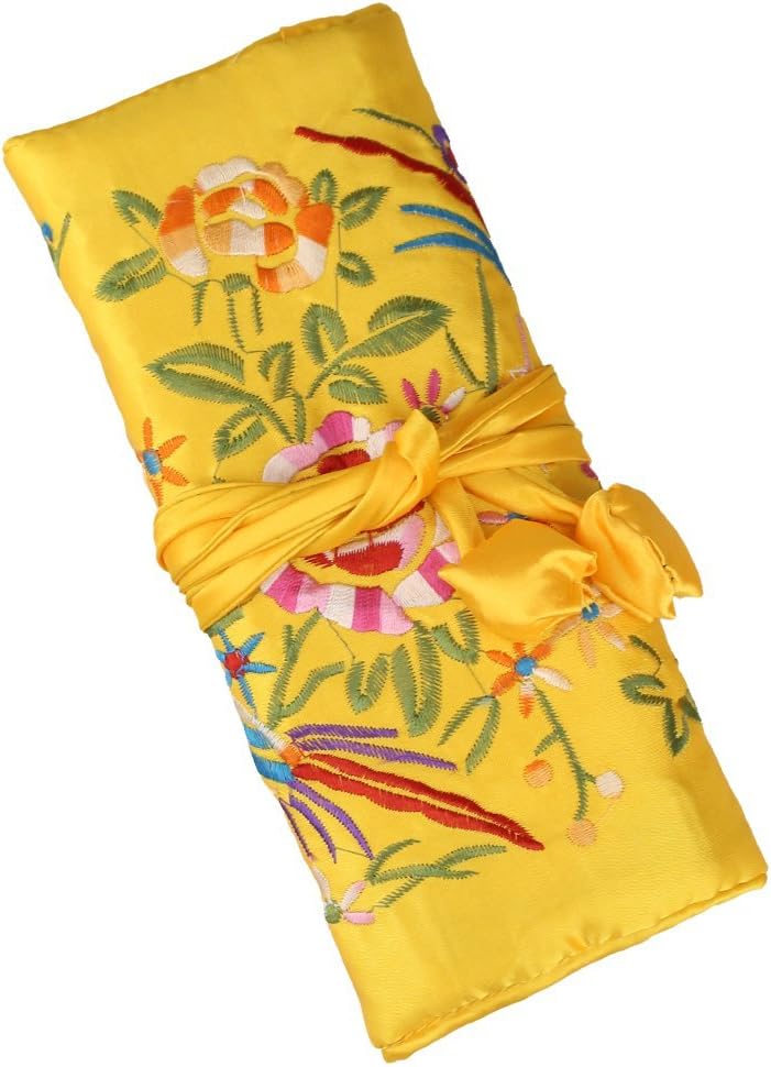 Lidwot Yellow Multi-Use Silk Jewelry Organizer Roll – Vintage Embroidery Case for Travel/Daily/Events - Image 1