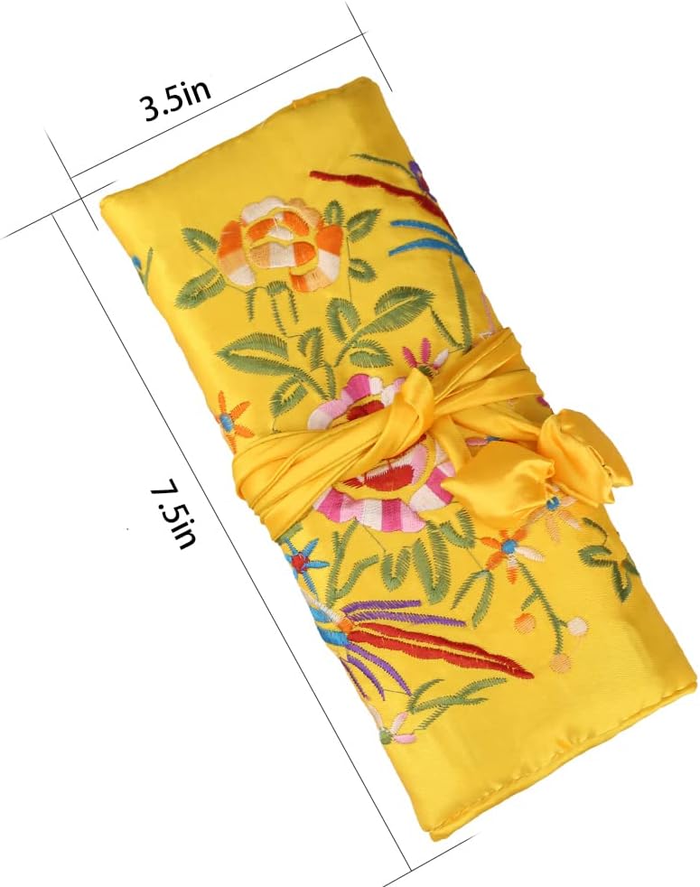 Lidwot Yellow Multi-Use Silk Jewelry Organizer Roll – Vintage Embroidery Case for Travel/Daily/Events - Image 5