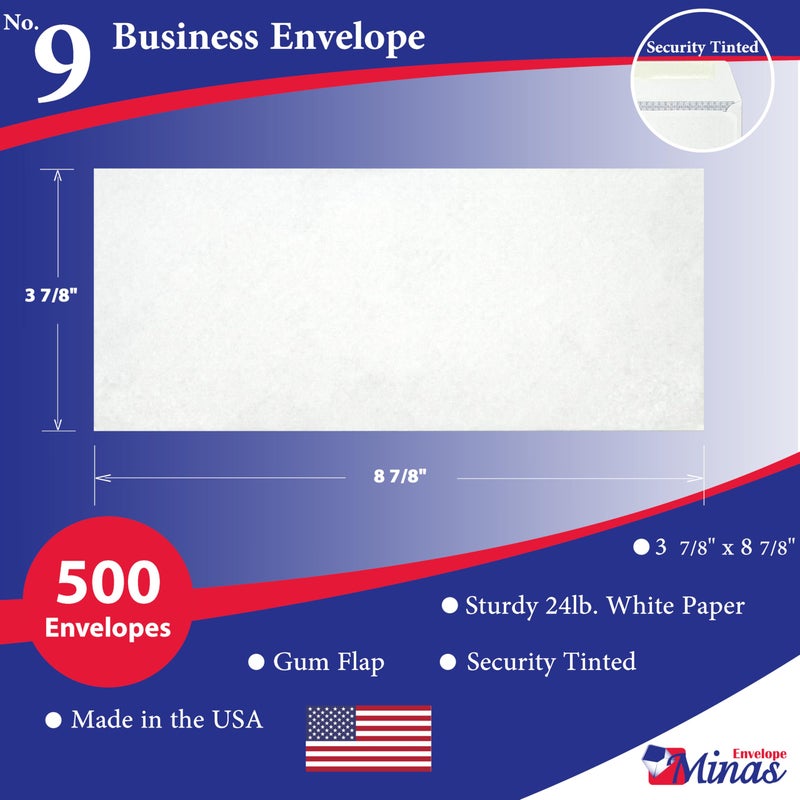 Minas Envelope 500 Minas Envelope #9 Business Envelopes, 3 7/8 x 8 7/8 Inches, White, Security Tinted, Gummed Closure, 24lb Paper, Windowless, 500 Count - Image 2