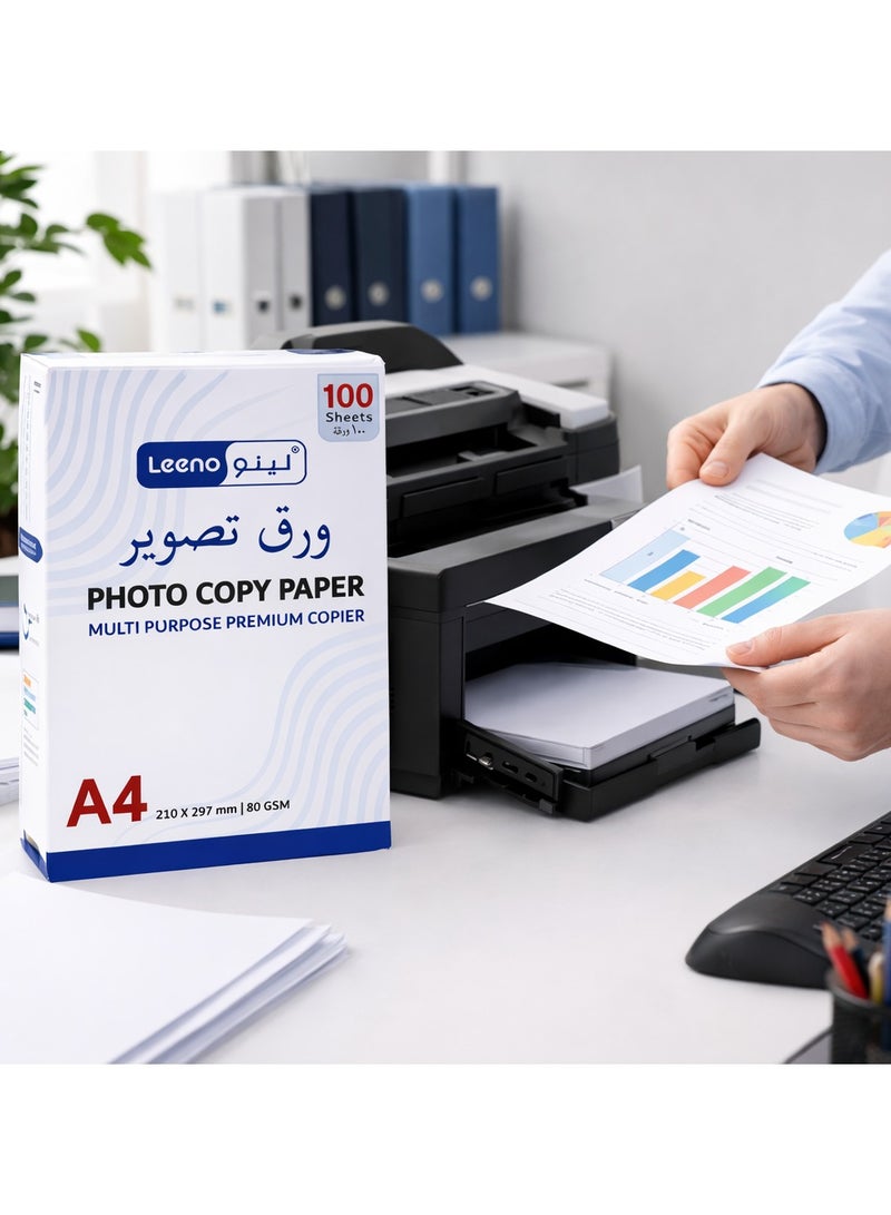 لينو ورق تصوير لينو A4 بوزن 80 جم، 100 ورقة، ورق طباعة متعدد الاستخدام، أبيض - Image 2