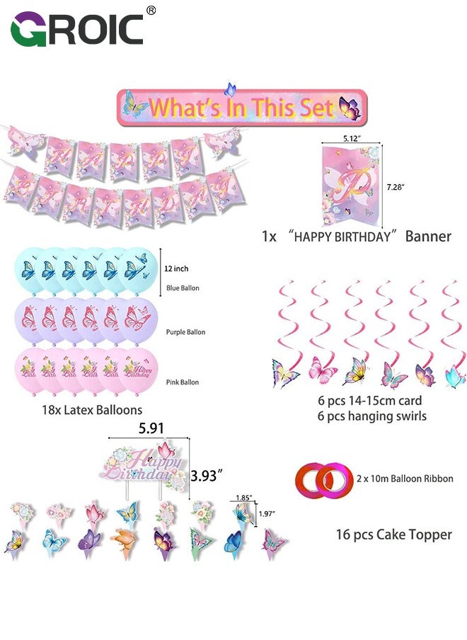 GROIC 43Pcs Birthday Party Supplies and Decorations Pack, Butterfly Theme Party Decoration, Birthday Flag; Spiral Pendants; 16*Cake Cards; 18*12-Inch Latex Balloon Sets; 2*10m Rose Ribbon  - Image 2