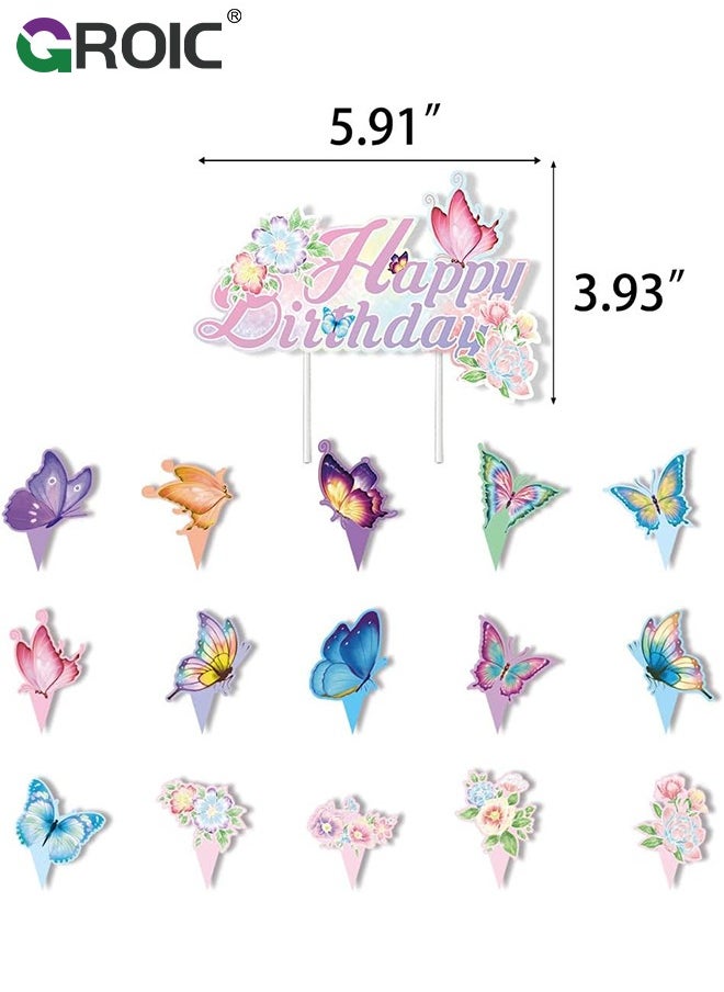 GROIC 43Pcs Birthday Party Supplies and Decorations Pack, Butterfly Theme Party Decoration, Birthday Flag; Spiral Pendants; 16*Cake Cards; 18*12-Inch Latex Balloon Sets; 2*10m Rose Ribbon  - Image 3
