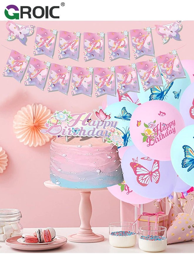 GROIC 43Pcs Birthday Party Supplies and Decorations Pack, Butterfly Theme Party Decoration, Birthday Flag; Spiral Pendants; 16*Cake Cards; 18*12-Inch Latex Balloon Sets; 2*10m Rose Ribbon  - Image 5