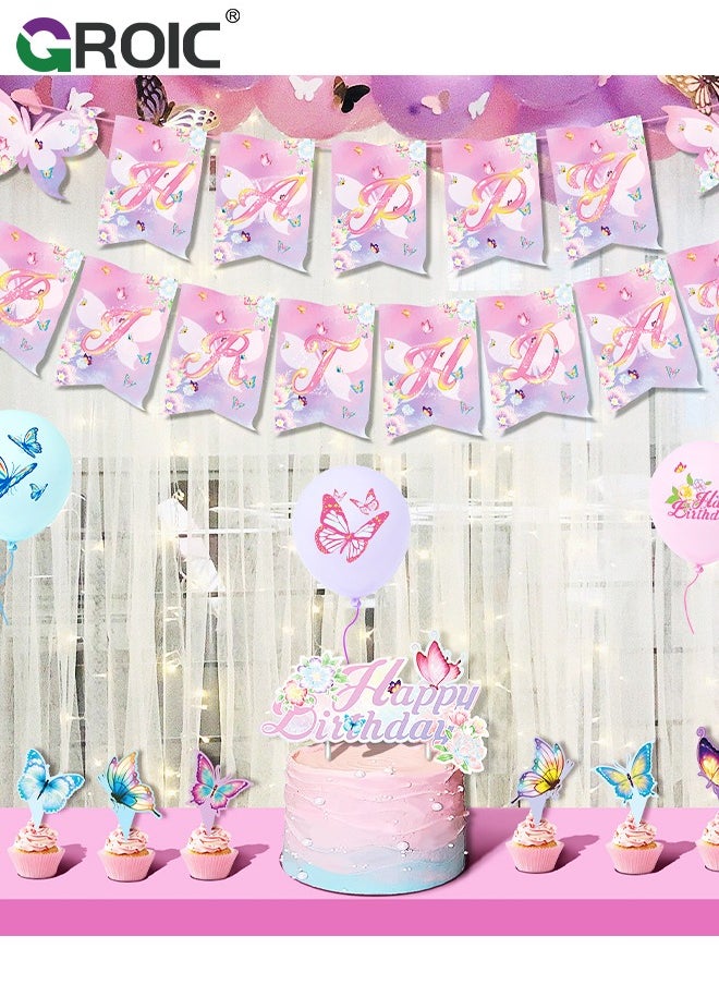 GROIC 43Pcs Birthday Party Supplies and Decorations Pack, Butterfly Theme Party Decoration, Birthday Flag; Spiral Pendants; 16*Cake Cards; 18*12-Inch Latex Balloon Sets; 2*10m Rose Ribbon  - Image 4