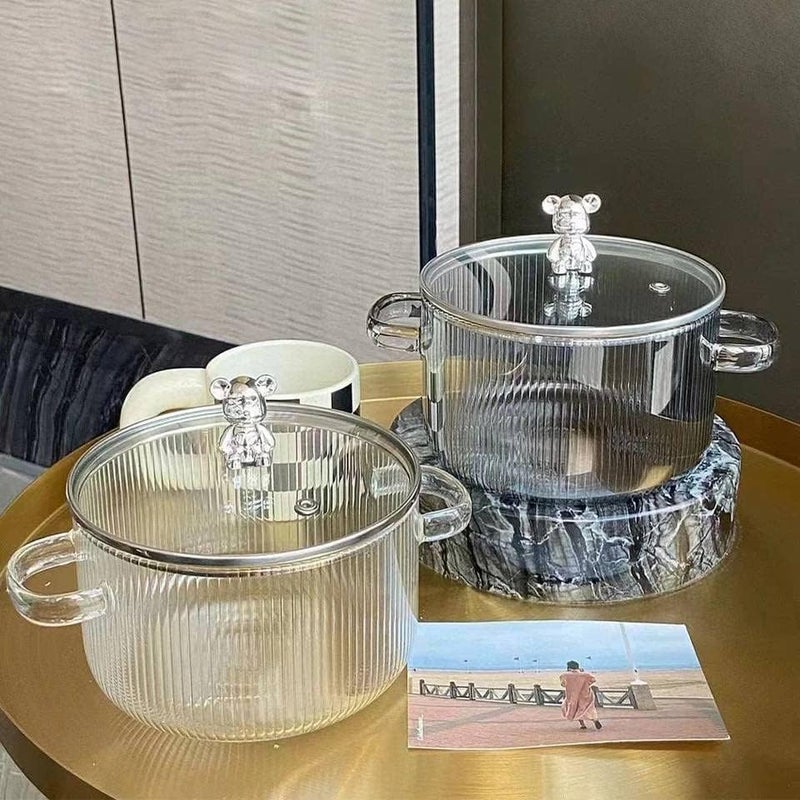 Glass Serving Bowl Lid (1800ml) Borosilicate Glass Casserole with Cute Bear Handle HeatResistant,Microwave & Oven Safe, Kitchen & Dining Bowl Ribbed for pasta, Soup, Salad,Serving, Cooking & Storage - Image 5