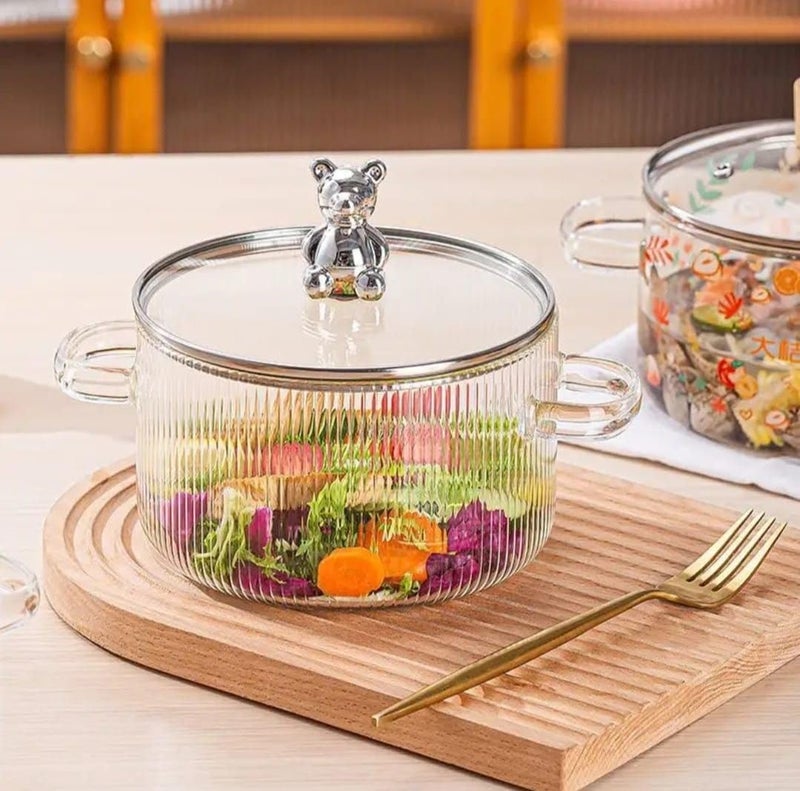 Glass Serving Bowl Lid (1800ml) Borosilicate Glass Casserole with Cute Bear Handle HeatResistant,Microwave & Oven Safe, Kitchen & Dining Bowl Ribbed for pasta, Soup, Salad,Serving, Cooking & Storage - Image 2