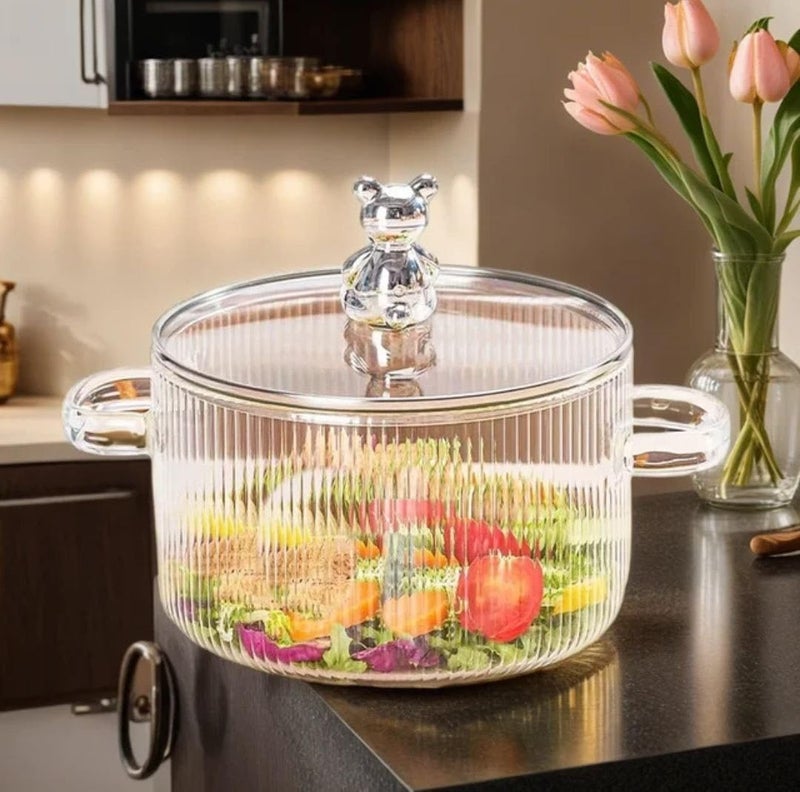 Glass Serving Bowl Lid (1800ml) Borosilicate Glass Casserole with Cute Bear Handle HeatResistant,Microwave & Oven Safe, Kitchen & Dining Bowl Ribbed for pasta, Soup, Salad,Serving, Cooking & Storage - Image 1