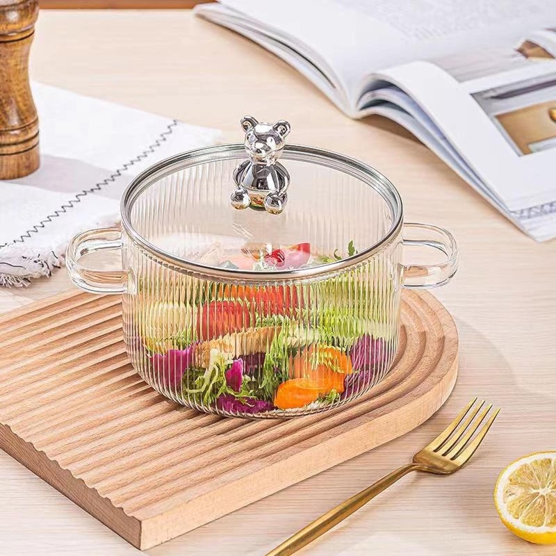 Glass Serving Bowl Lid (1800ml) Borosilicate Glass Casserole with Cute Bear Handle HeatResistant,Microwave & Oven Safe, Kitchen & Dining Bowl Ribbed for pasta, Soup, Salad,Serving, Cooking & Storage - Image 4
