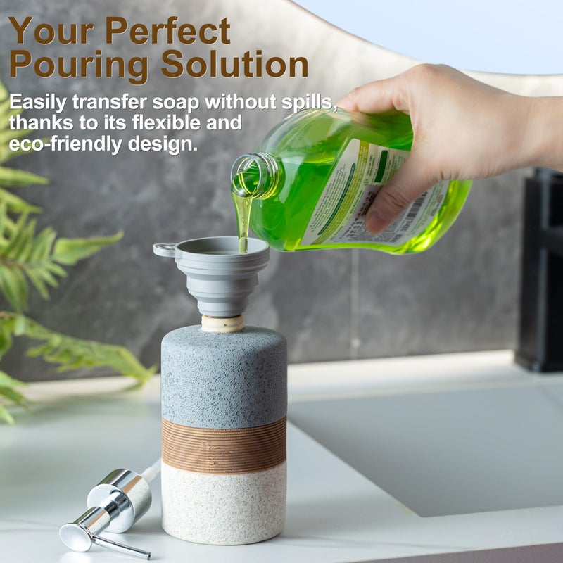 Cormomu Ceramic Soap Dispenser Set for Hand Soap, Shampoo, Dish Soap, Conditioner, Bathroom & Kitchen, Stainless Steel Pump, Includes Silicone Funnel, 12 Oz, Non-Slip, Elegant Kitchen Decor, Gray - Image 2