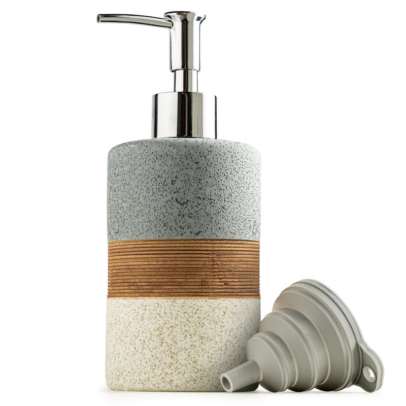 Cormomu Ceramic Soap Dispenser Set for Hand Soap, Shampoo, Dish Soap, Conditioner, Bathroom & Kitchen, Stainless Steel Pump, Includes Silicone Funnel, 12 Oz, Non-Slip, Elegant Kitchen Decor, Gray - Image 1