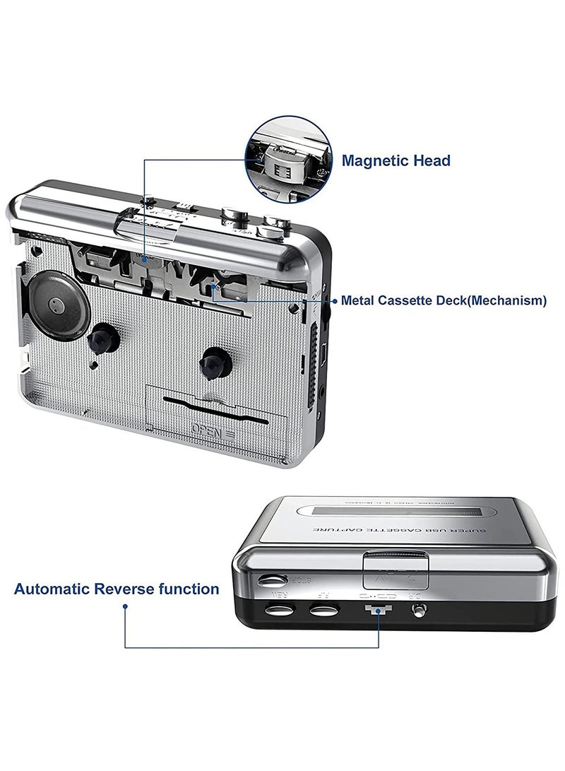 Portable Cassette Player/Cassette to MP3 Converter Capture Cassette Tape to MP3/CD Audio via USB –Converter Retro with Earphones, Compatible with Cell Phone Charger | USB Cable  User Manual Included  - Image 2