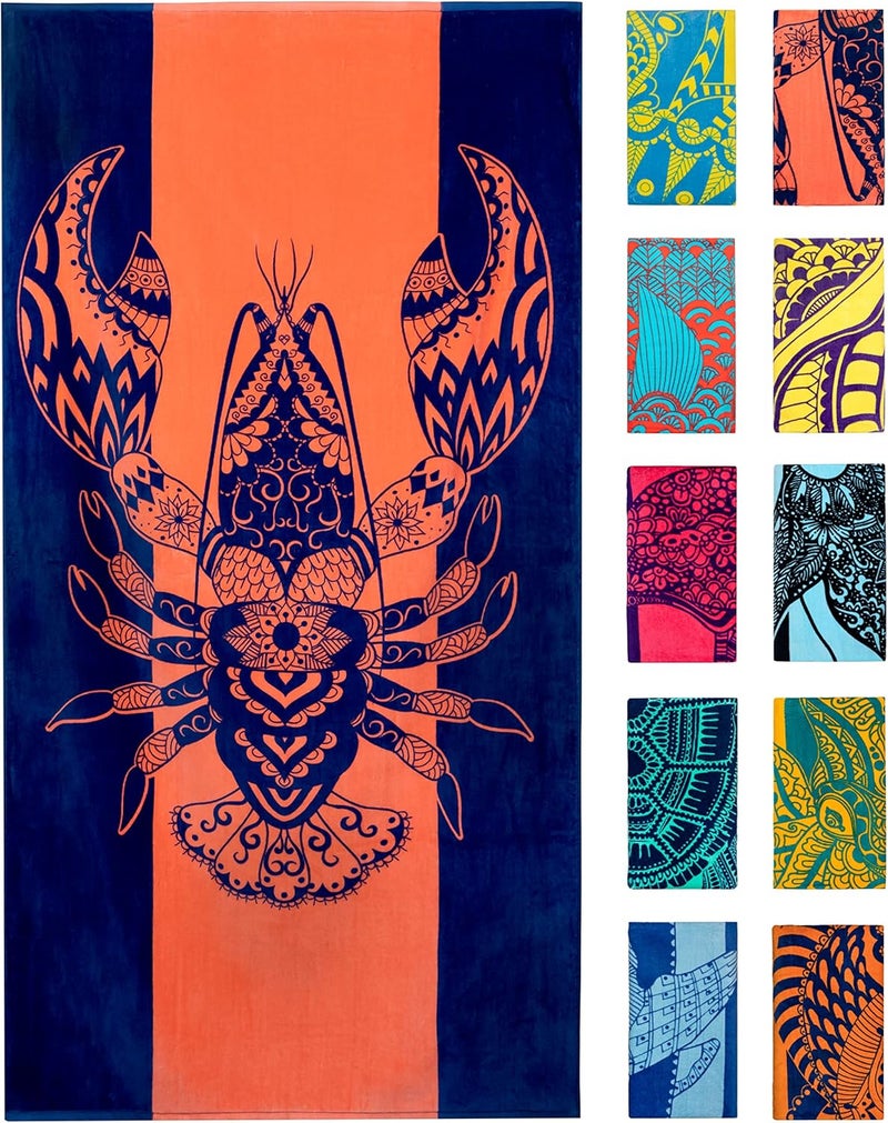 Nova Blue Lobster Beach Towel (34 X 63) - Solid Color 100% Cotton Coral Stripe Large Blanket With Tropical Design - Extra Large, XL Reliable daily use design - Image 1