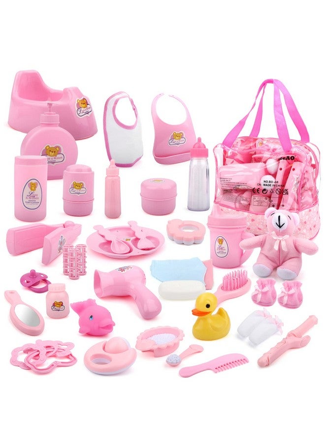 deAO 40 Piece Baby Doll Accessories Bag With Baby Feeding Accessories Clothes Doll Bear Bath Toys Soother Dummy And Much More Great Nurturing Pretend Toy For Kids  - Image 1