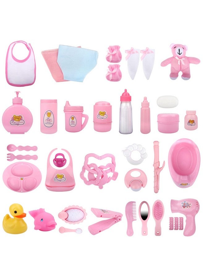 deAO 40 Piece Baby Doll Accessories Bag With Baby Feeding Accessories Clothes Doll Bear Bath Toys Soother Dummy And Much More Great Nurturing Pretend Toy For Kids  - Image 3