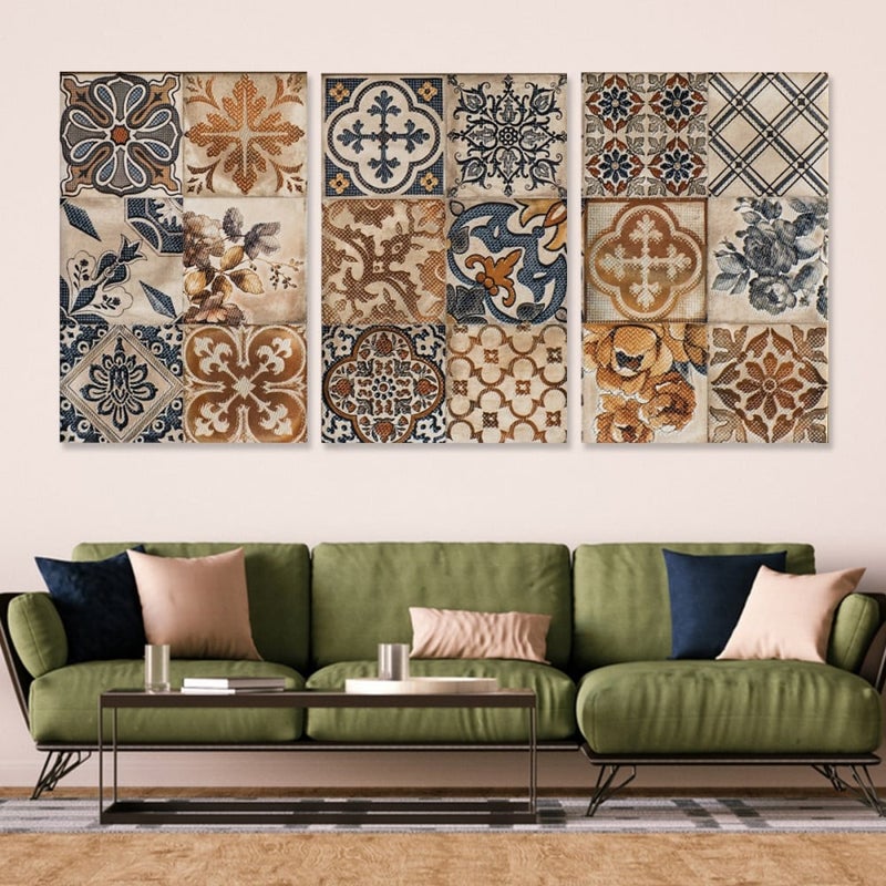 ماركتنا ثلاث لوحات قماشية مودرن بتصميم زخارف مع برواز مجوف مقاس (150×70) ثلاث قطع - Image 1