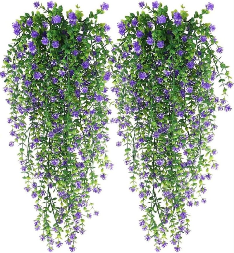 VRB Dec 2 Pcs Artificial Dry Baby's Breath Greenery Hanging Plants Vines Fake Ivy Hanging Flowers Vine Wall Hanging for Home Decor,Wall,Balcony Decoration. (2, Lavender Euclyptus Fern Hanging) - Image 1