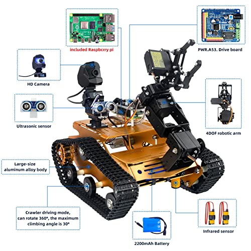 XiaoR Geek Raspberry Pi Smart WiFi Robot Car Kit, with 2DOF Hd Camera 4DOF Robotic Arm Tank Chassis Kit, Remote Control Programmable AI Vehicle Toy Controlled by Android/iOS App PC - Image 2