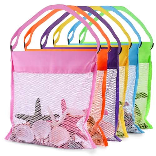 FUTUREPLUSX 6PCS Mesh Beach Bags for Kids Colorful Small Seashell Collecting Bags Adjustable Strap for Holding Shell Sand Toy - Image 1